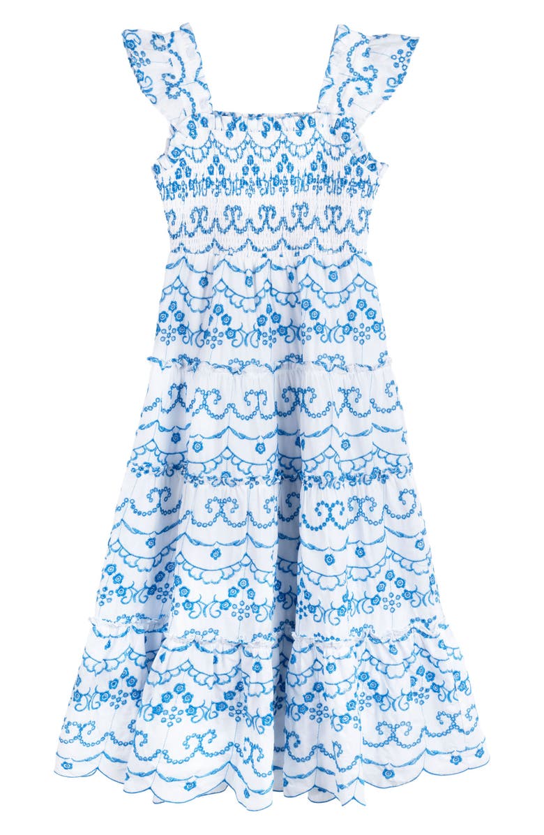 Rare Editions Kids' Floral Embroidered Tiered Dress, Main, color, Blue