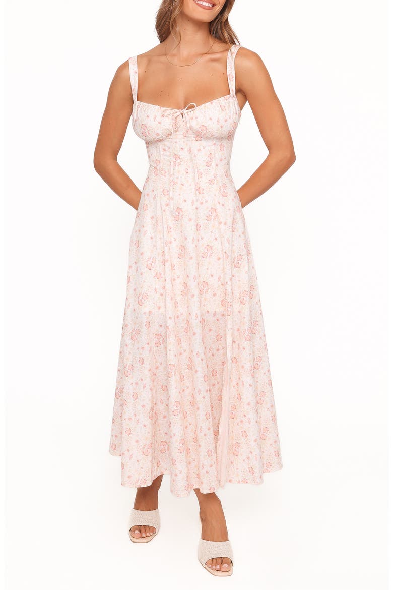 Wisteria Floral Linen & Cotton Midi Dress, Main, color, PEACH DITSY FLORAL