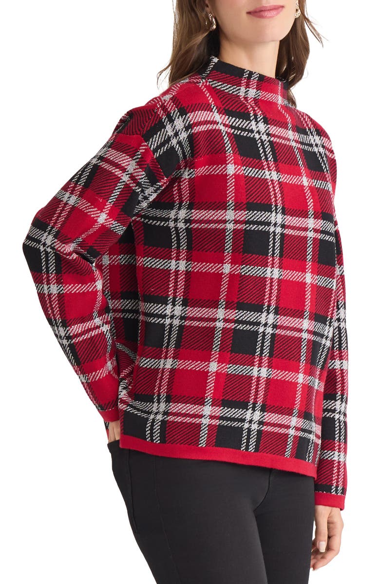 Jones New York Jacquard Plaid Funnel Neck Sweater, Alternate, color, Venetian Red Multi