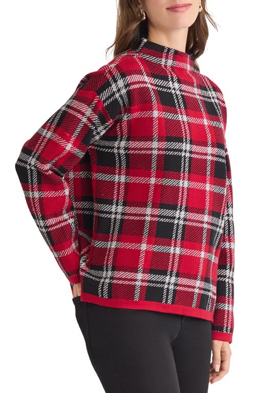 Jones New York Jacquard Plaid Funnel Neck Sweater In Red