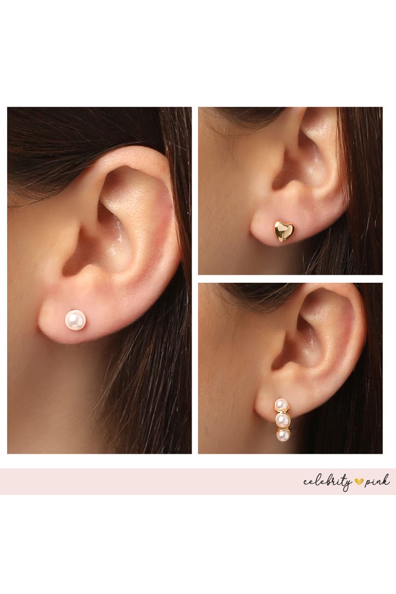 Womens Earrings Gold-Tone 6-Pack, Faux Pearl Studs and Hoops | 6-Pack, Faux Pearl Accents, Yellow Gold Tone, Heart Earrings, Feminine Jewelry, Alternate, color, Gold-Tone