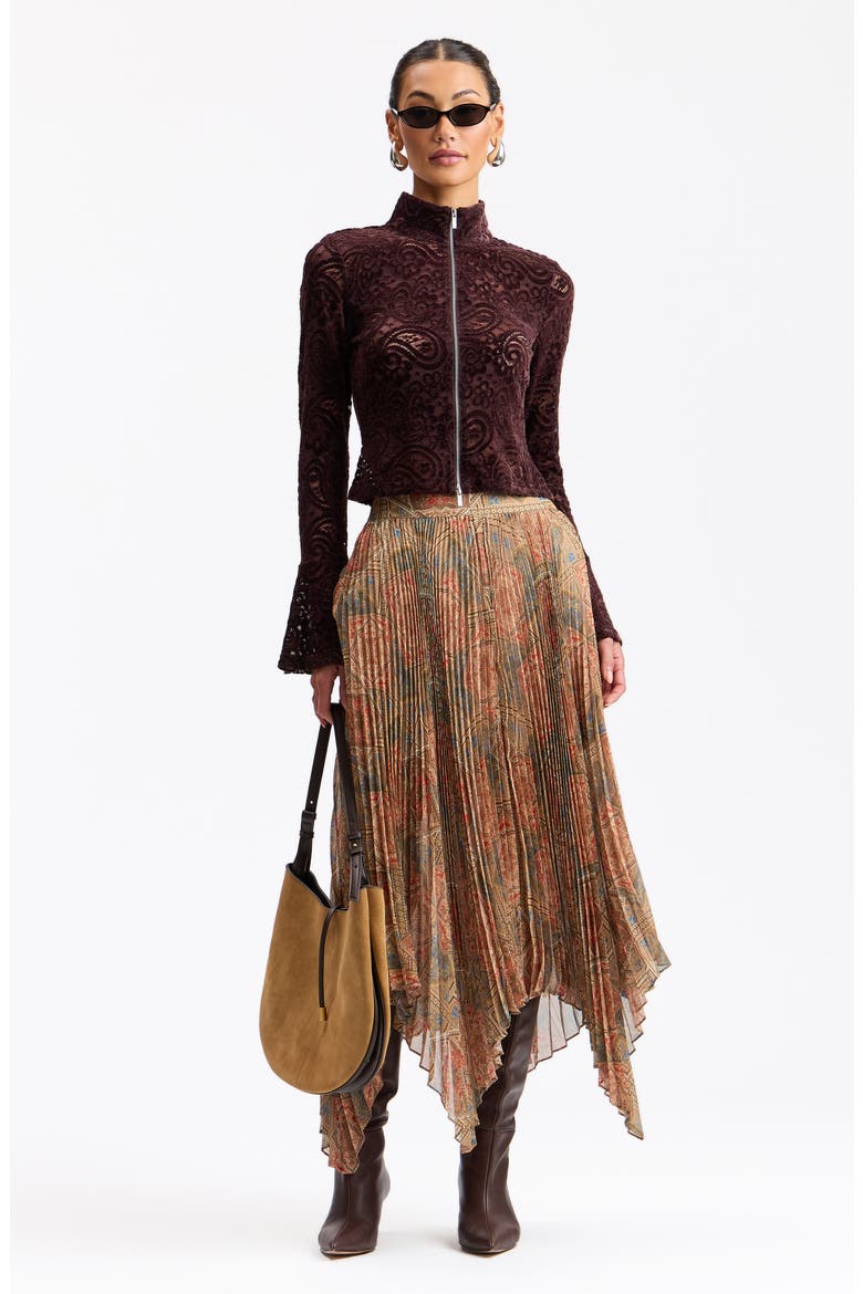 Chenille Lace Zip Front Top, Alternate, color, BROWN