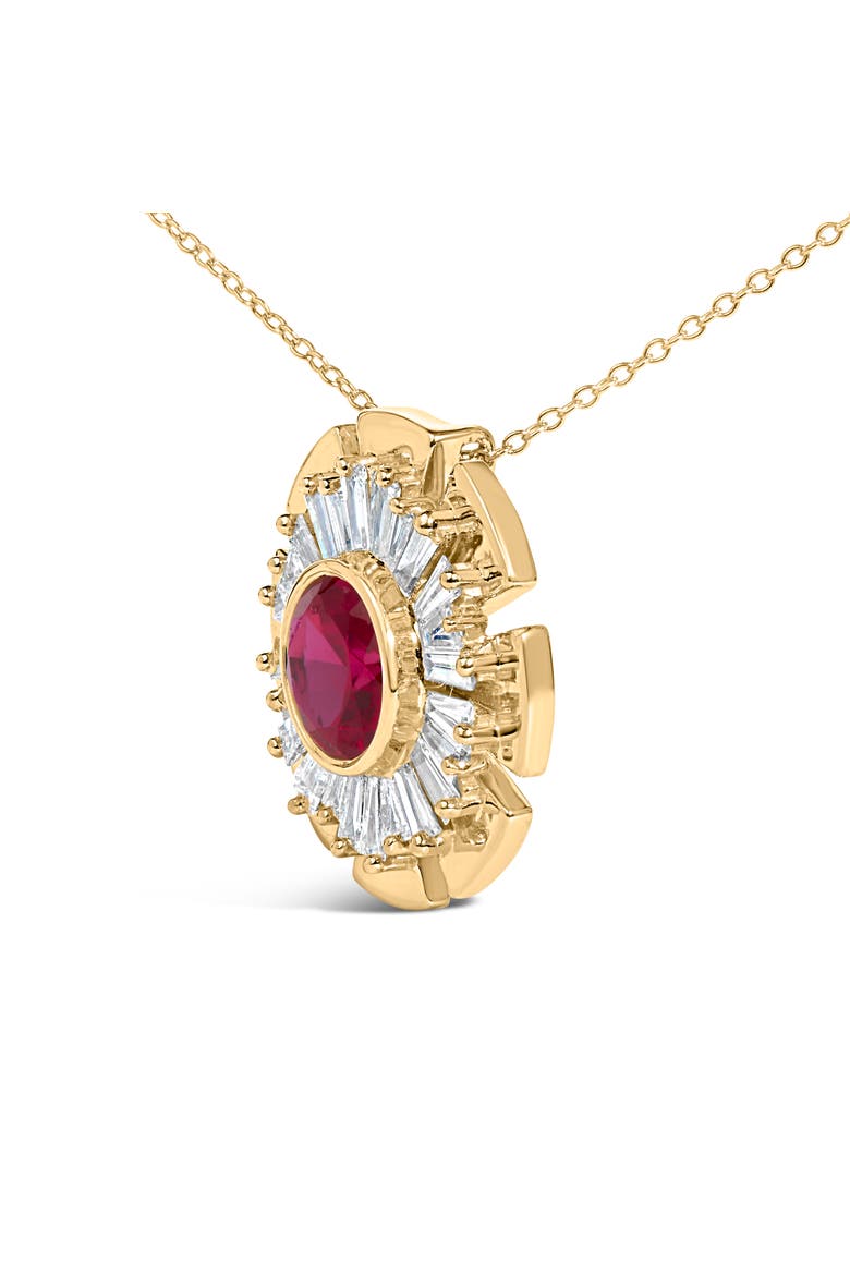 14K Yellow Gold Plated Silver Created Red Ruby and Diamond Baguette Medallion Pendant Necklace, Alternate, color, Yellow Gold over Silver
