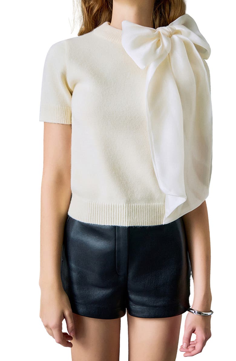 English Factory Bow Accent Short Sleeve Sweater, Alternate, color, Cream