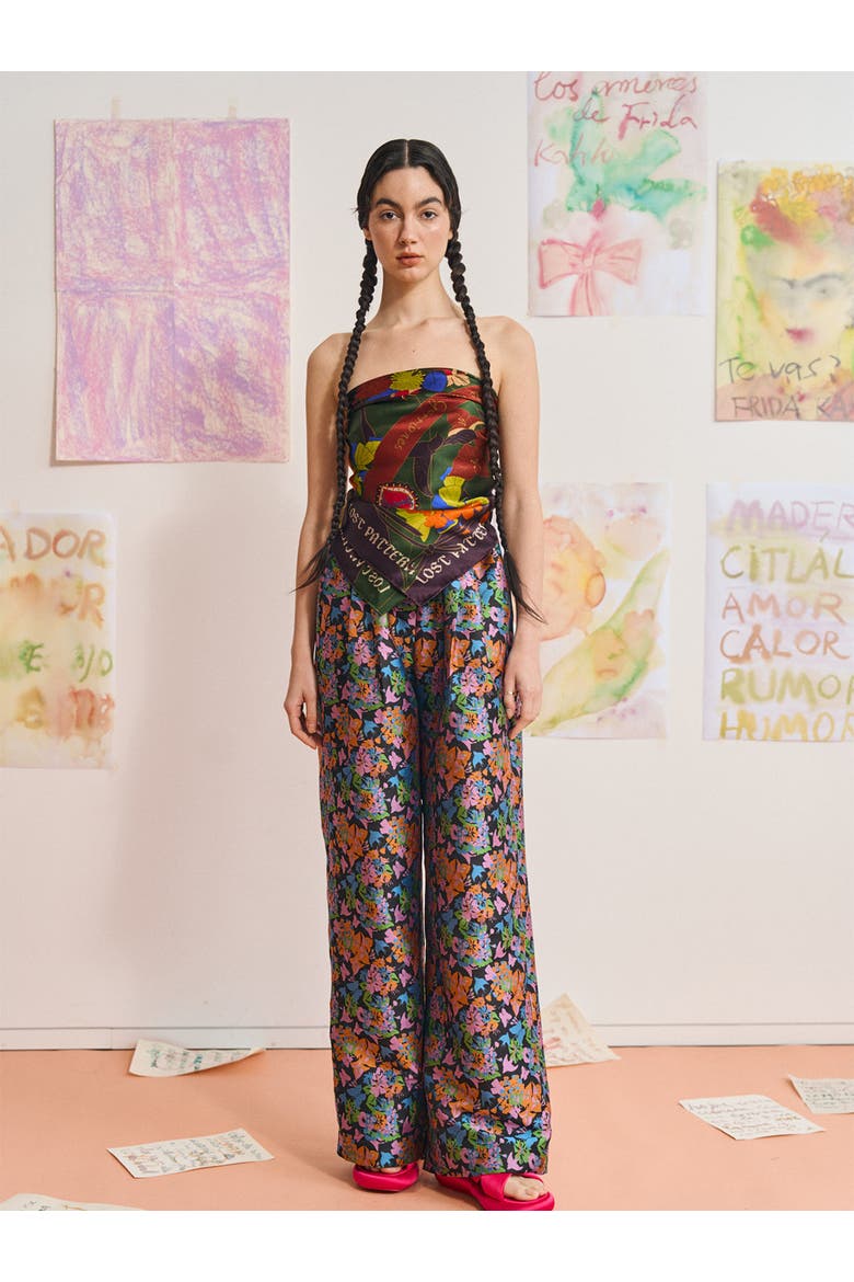 FRIDA x LOST PATTERN "Los Amores de Frida" Large Silk Scarf, Alternate, color, Dark Green