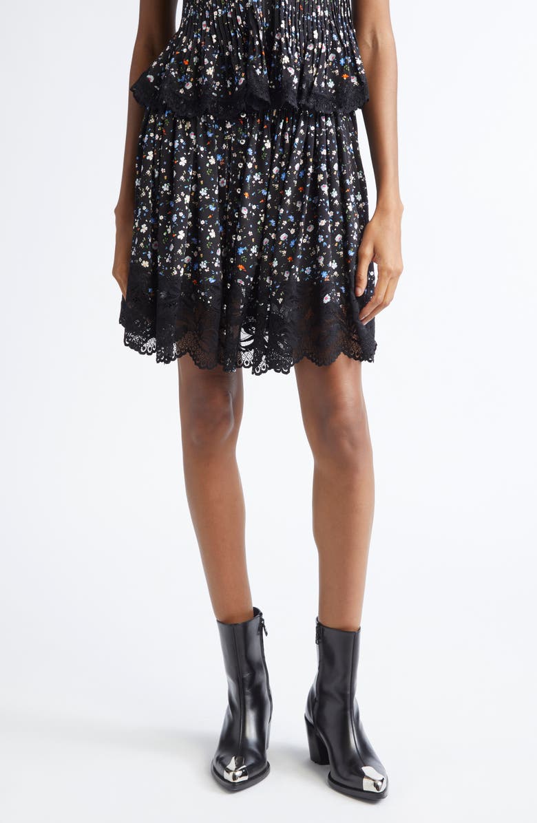Rabanne Ditsy Floral Lace Trim Skirt, Main, color, Black