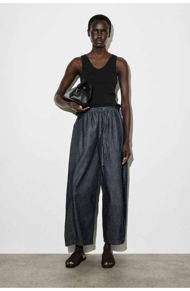 COS Barrel-Leg Denim Drawstring Pants, Alternate, color, Navy
