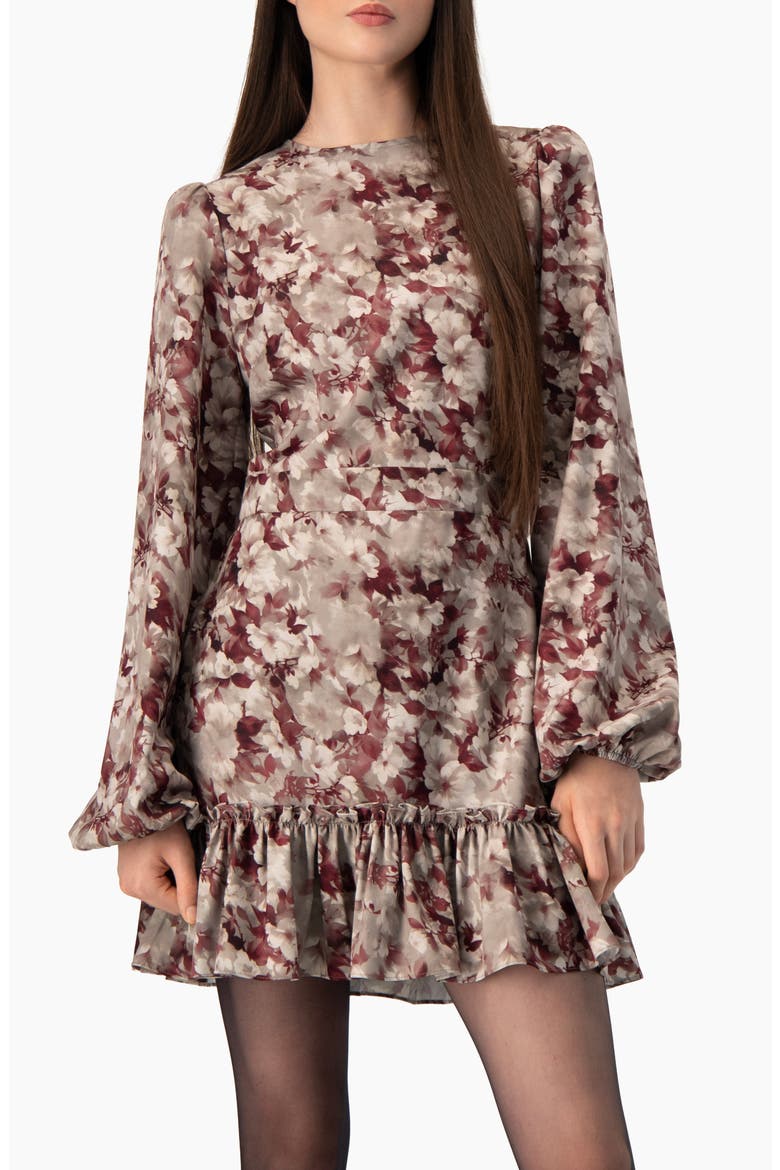 Floral-print Long-sleeve Fit-and-flare Dress, Main, color, Grey