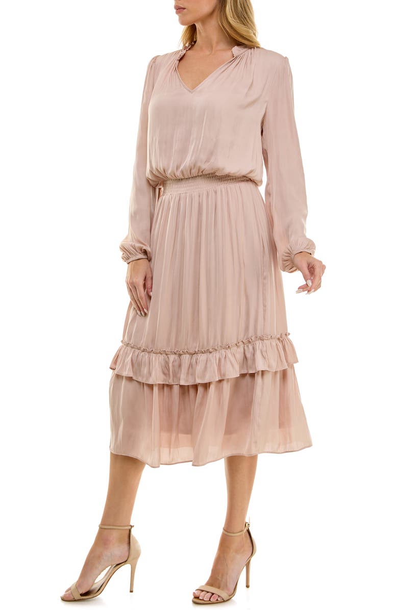 Socialite Tiered Long Sleeve Satin Dress, Main, color, Tan Blush