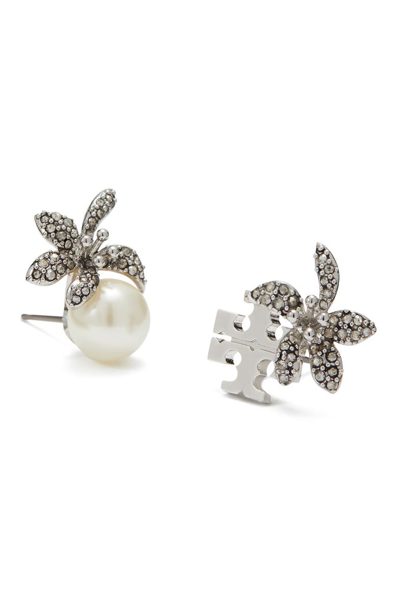 Moondance Flower Stud Earrings, Alternate, color, TORY SILVER / PEARL / CRYSTAL