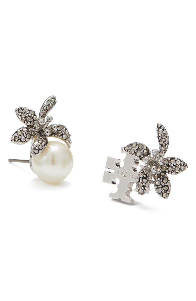 Tory Burch Moondance Flower Stud Earrings, Alternate, color, Tory Silver / Pearl / Crystal