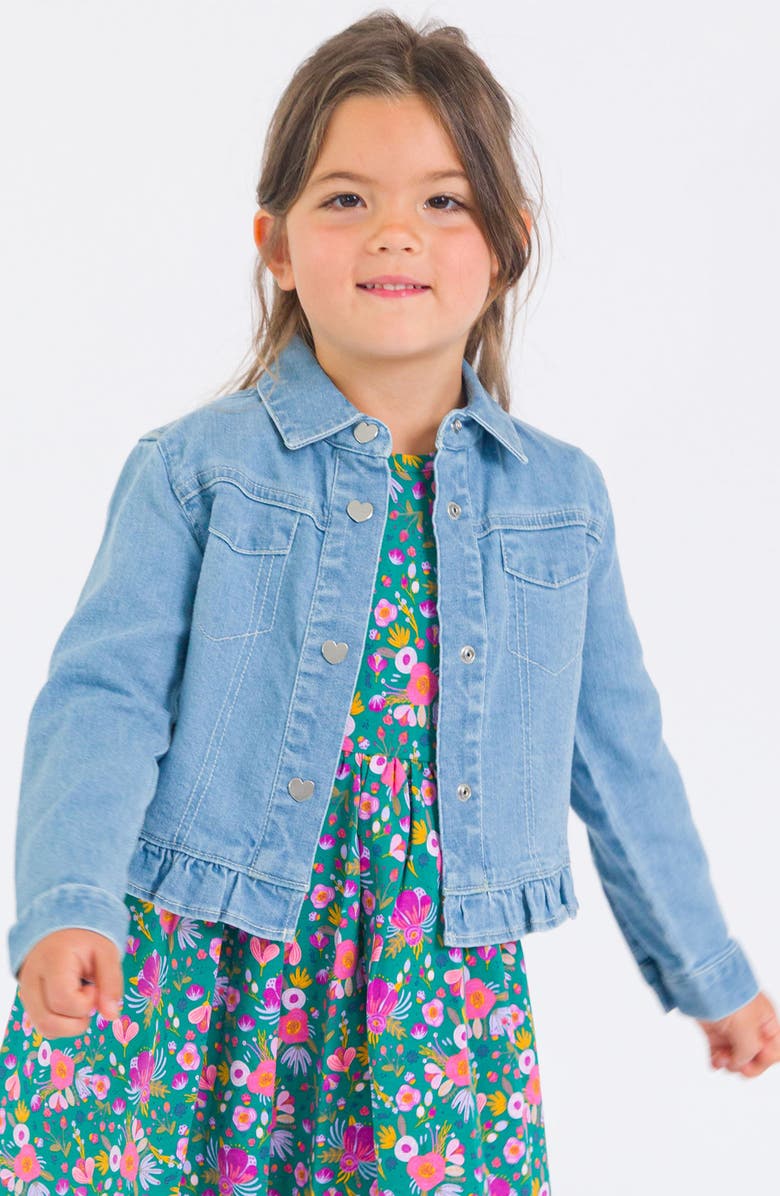 RuffleButts Kids' Ruffle Hem Denim Jacket, Alternate, color, Blue