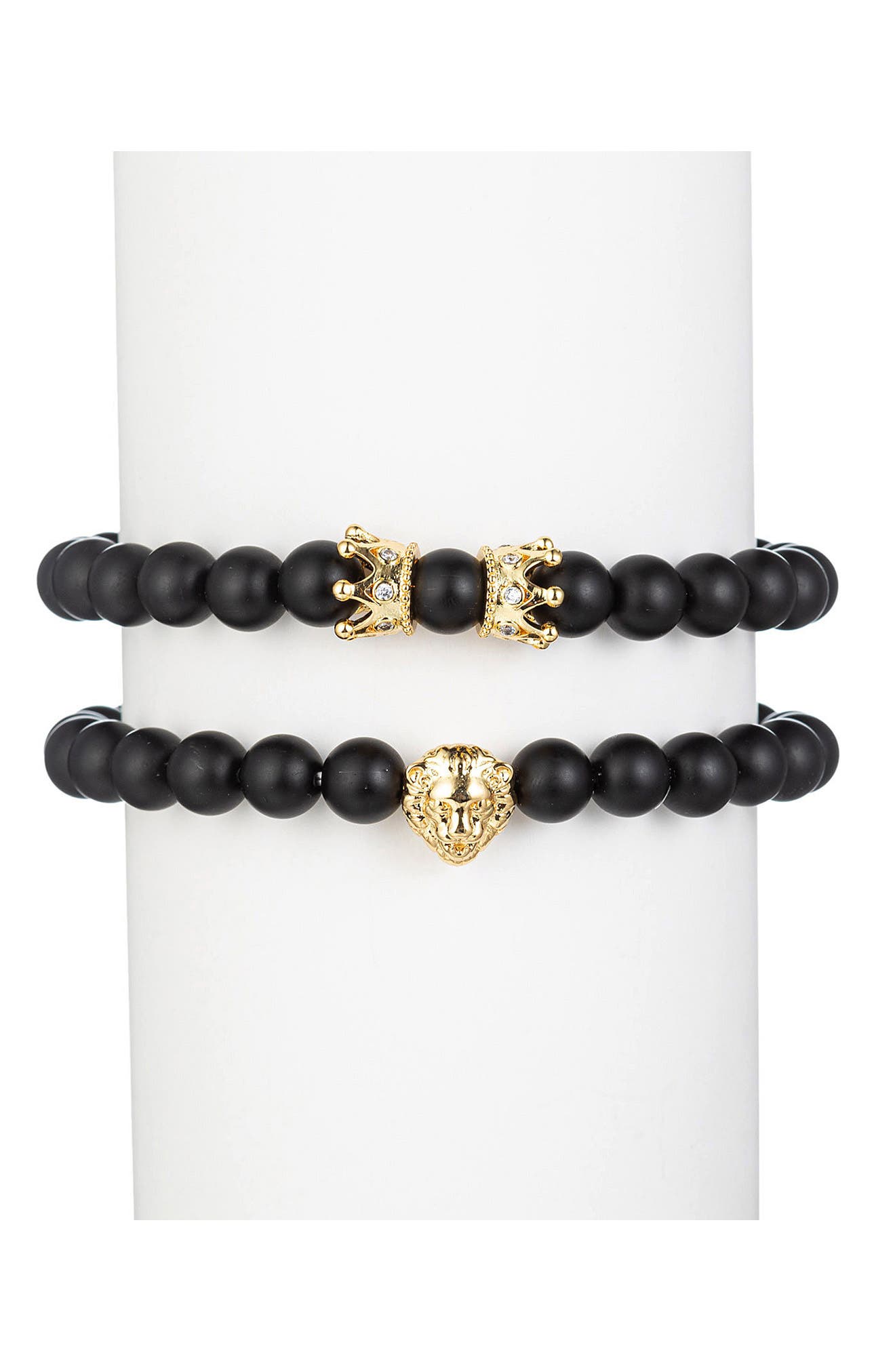 EYE CANDY LOS ANGELES Men's Set of 2 Crown & Lion Stone Beaded Stretch Bracelets