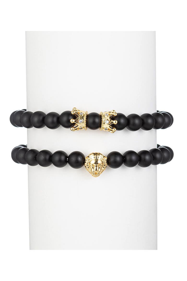 Men's Set of 2 Crown & Lion Stone Beaded Stretch Bracelets, Main, color, BLACK