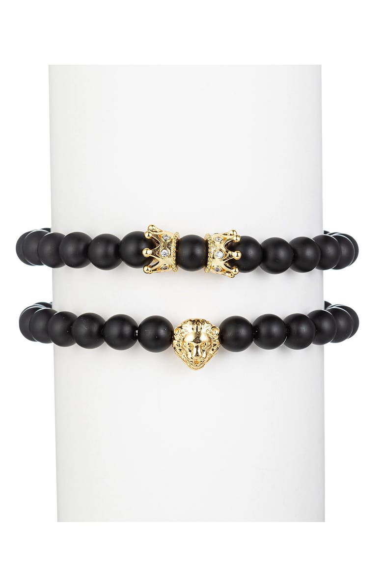 EYE CANDY LOS ANGELES Men's Set of 2 Crown & Lion Stone Beaded Stretch Bracelets, Main, color, Black