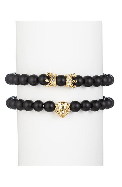 Men's Set of 2 Crown & Lion Stone Beaded Stretch Bracelets