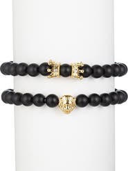 EYE CANDY LOS ANGELES Men's Set of 2 Crown & Lion Stone Beaded Stretch Bracelets