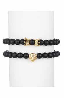 EYE CANDY LOS ANGELES Men's Set of 2 Crown & Lion Stone Beaded Stretch Bracelets