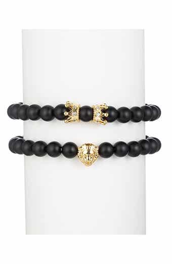 Men's Set of 2 Crown & Lion Stone Beaded Stretch Bracelets