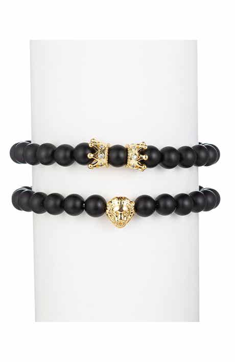EYE CANDY LOS ANGELES Men's Set of 2 Crown & Lion Stone Beaded Stretch Bracelets