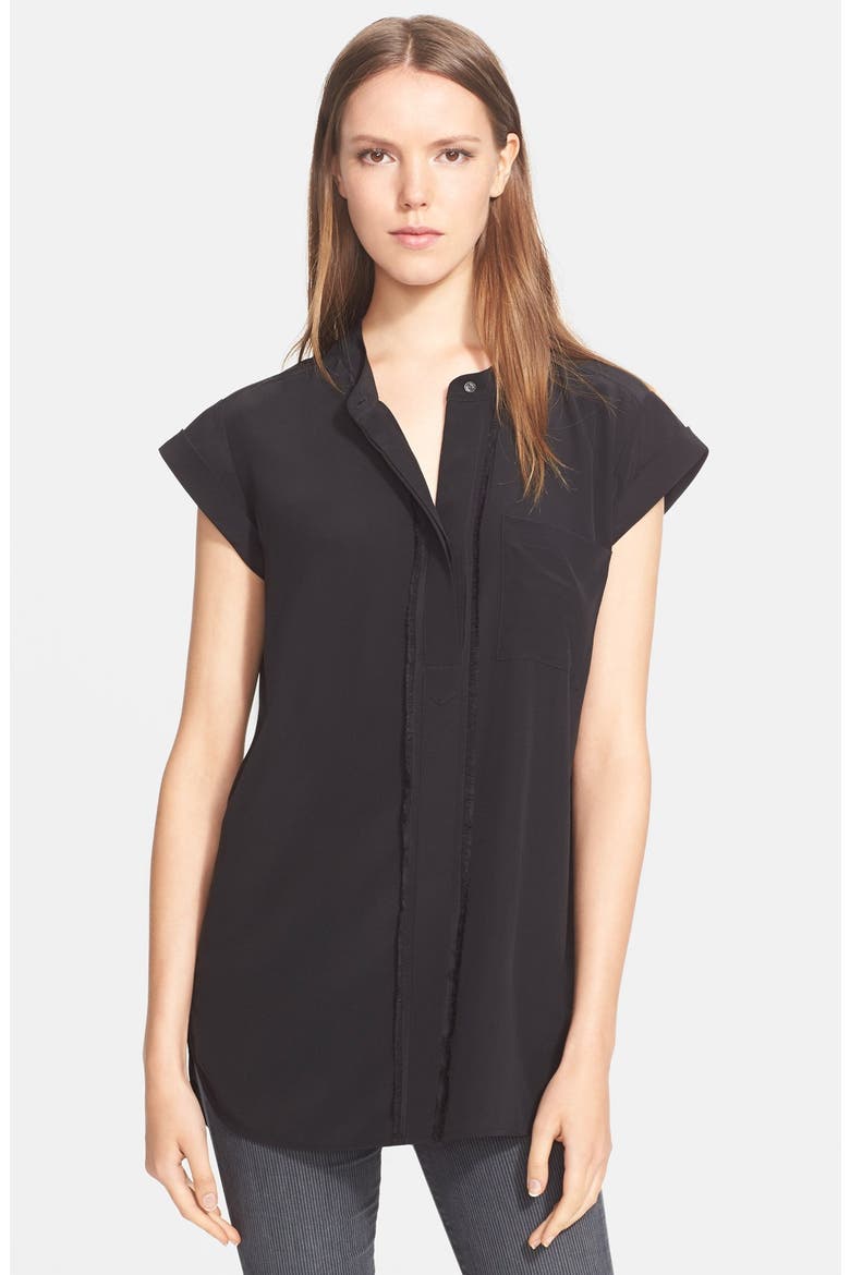 Frayed Placket Short Sleeve Blouse, Main, color, BLACK
