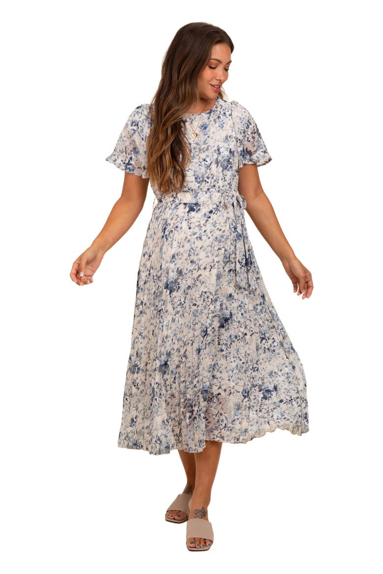 Floral Pleated Midi Dress, Alternate, color, Cream