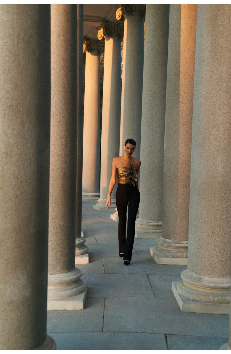 BCBGMAXAZRIA Flower Detail Jumpsuit, Alternate, color, Gold & Black Combo