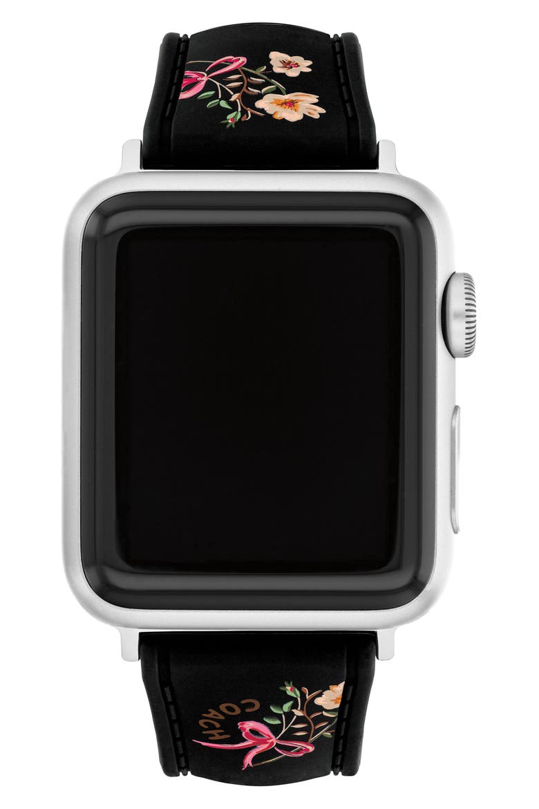 Floral Print Silicone Apple Watch® Watchband, Alternate, color, BLACK