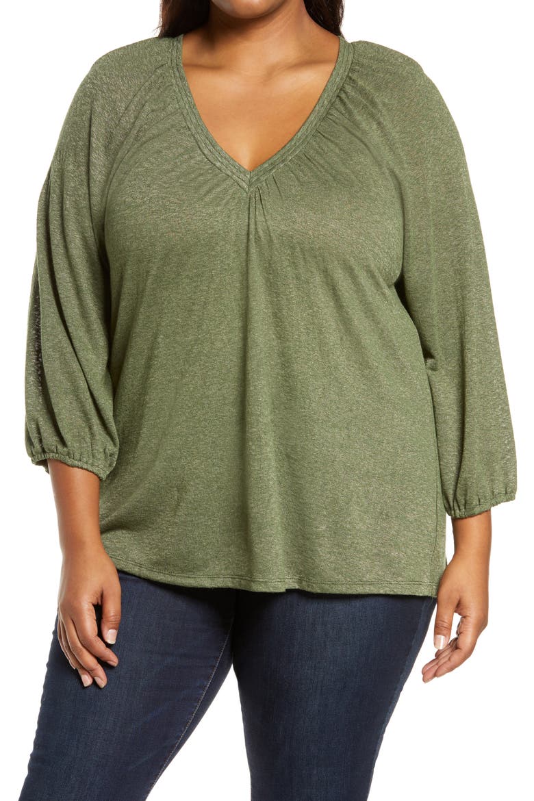 Caty V-Neck Balloon Sleeve Top, Main, color, OLIVE