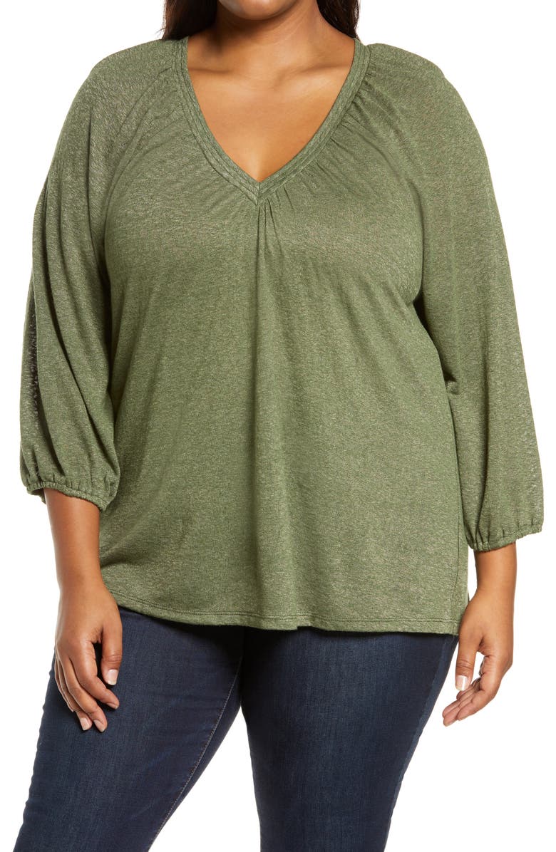 Bobeau Caty V-Neck Balloon Sleeve Top, Main, color, 