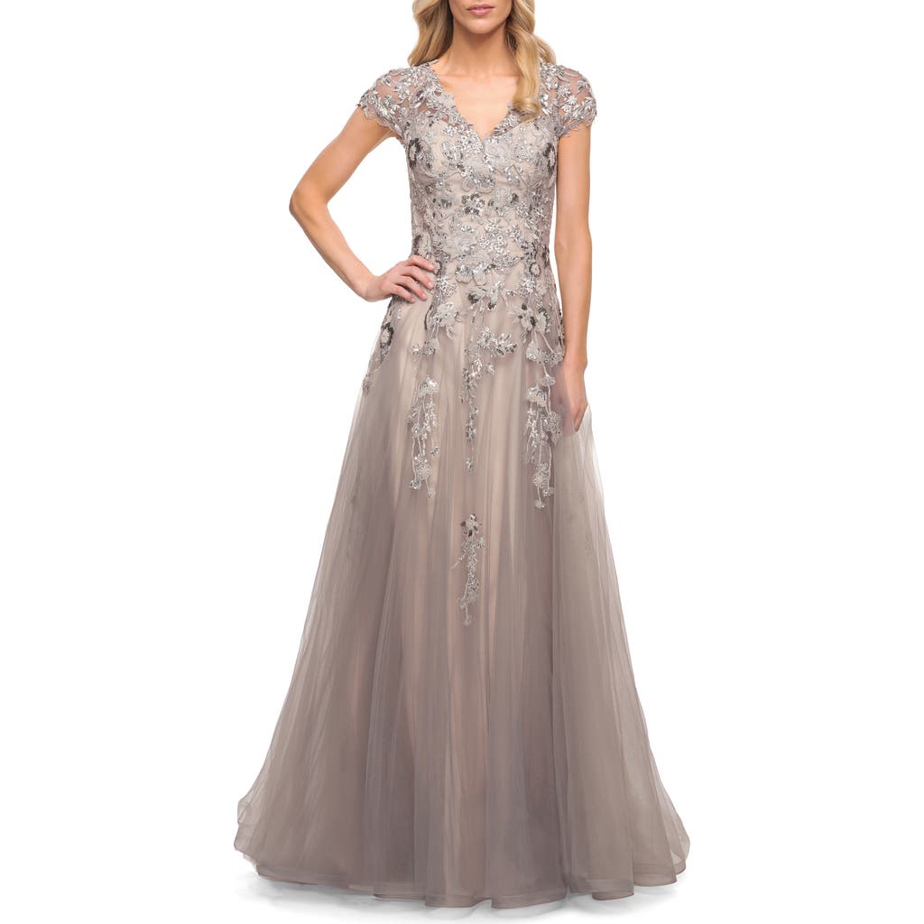La Femme Beaded Lace A-line Gown With Short Sleeves In Silver/pink