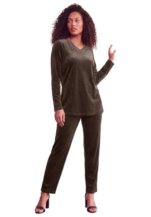 Plus Size Two Piece V Neck Velour Set (plus)