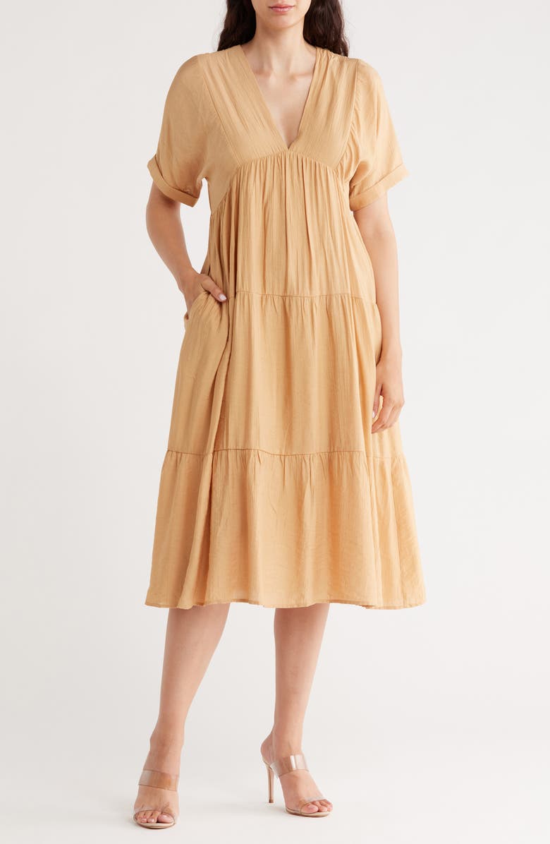 WISHLIST Drop Shoulder Tiered Babydoll Midi Dress, Main, color, Beige