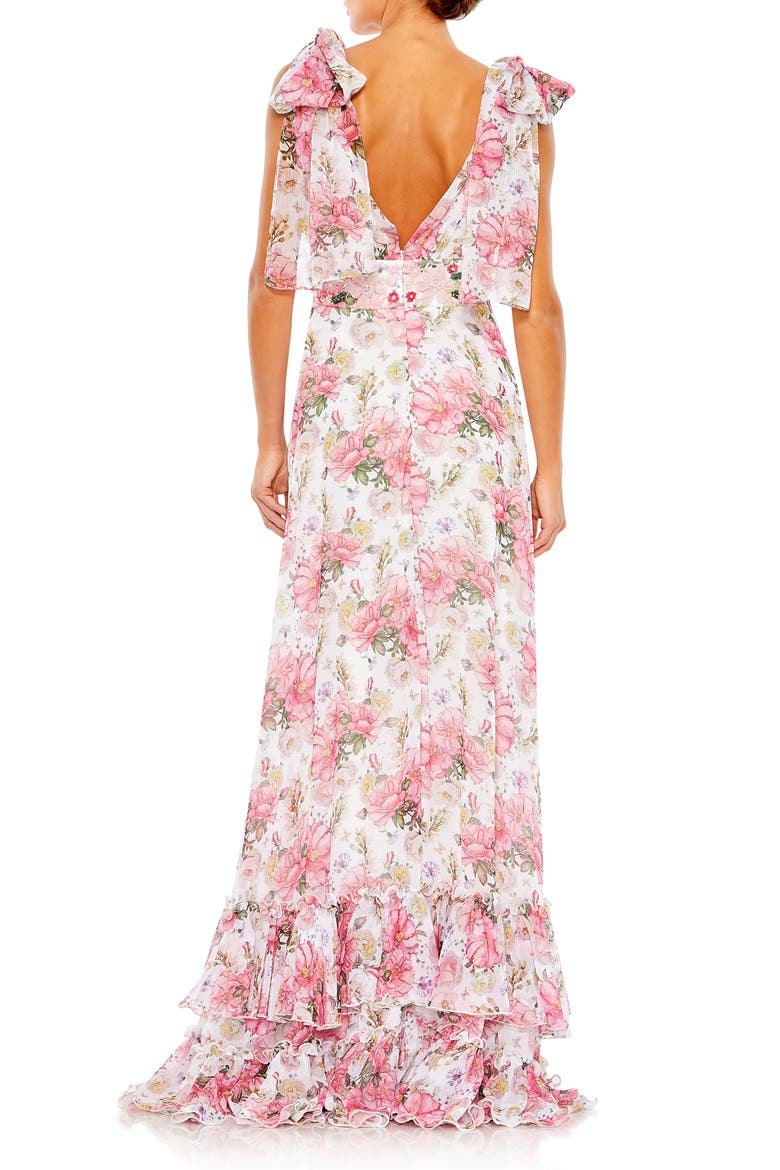 Ruffle Floral Print Chiffon Gown, Alternate, color, WHITE MULTI