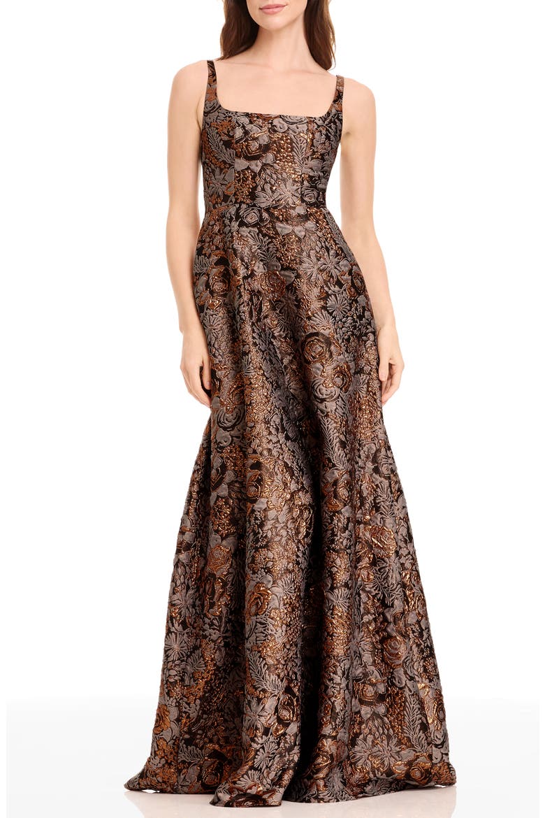 Vienna Metallic Floral Jacquard A-Line Gown, Main, color, BRONZE MULTI