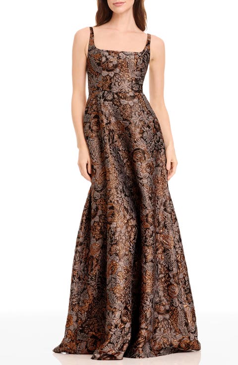Vienna Metallic Floral Jacquard A-Line Gown