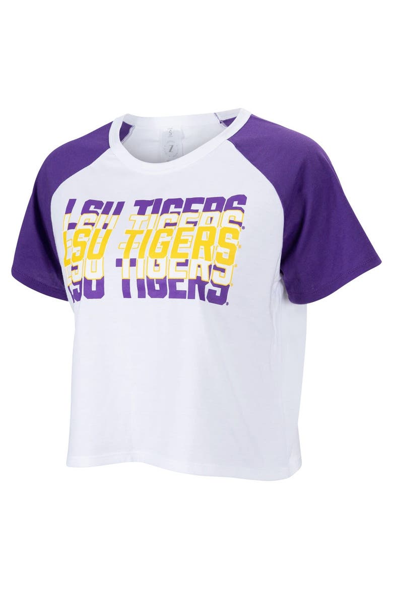 Women's ZooZatz White LSU Tigers Colorblock Repeat Raglan Cropped T-Shirt, Main, color, White