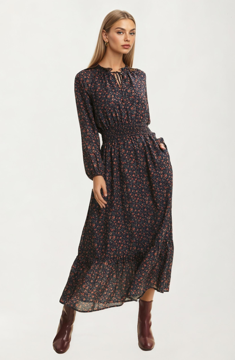 Long Sleeve Smocked Waist Floral Midi Dress