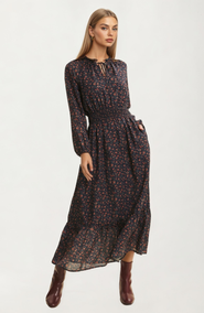 Knit and Lounge Long Sleeve Smocked Waist Floral Midi Dress