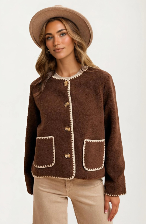 Button Front Contrast Trim Fleece Jacket