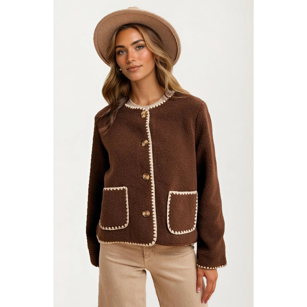 Knit and Lounge Button Front Contrast Trim Fleece Jacket in Brown  product