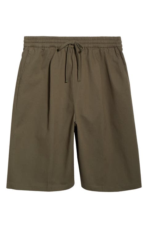 Pleat Front Relaxed Fit Drawstring Cotton Twill Shorts
