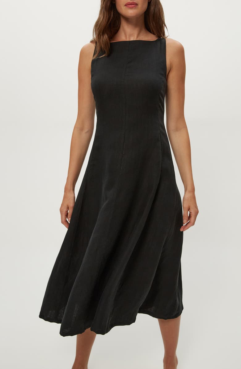 Michael Stars Palmira Fit & Flare Linen Blend Midi Dress, Alternate, color, Black