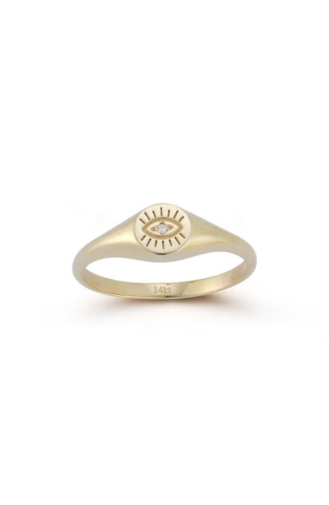 14K Gold Diamond Evil Eye Signet Ring