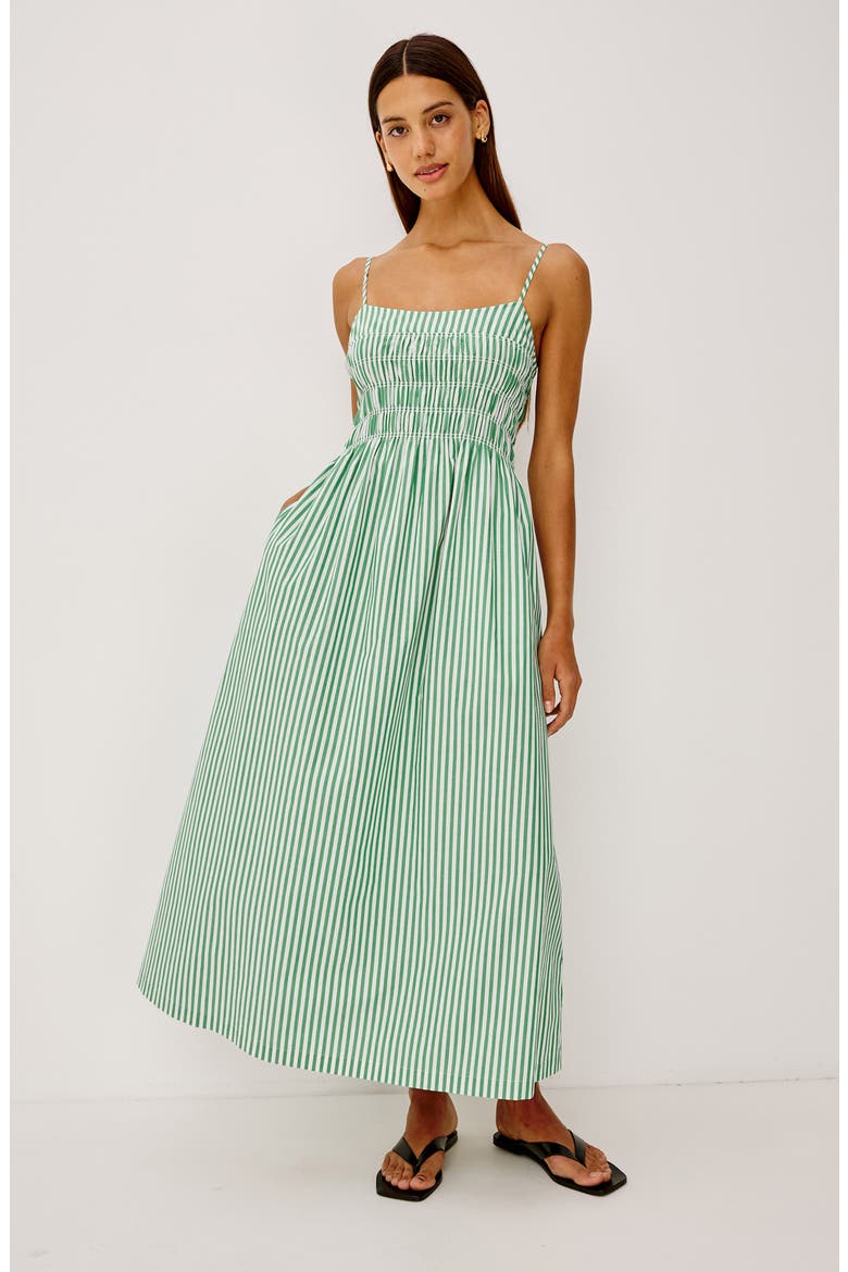 Primrose Stripe Smocked Bodice A-Line Dress, Alternate, color, EMERALD STRIPE