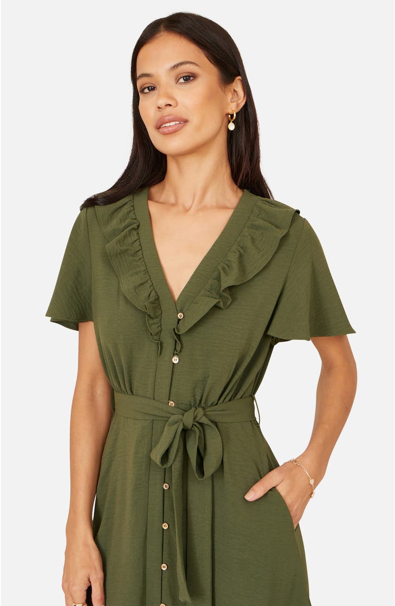 Yumi Ruffle Collar Midi Shirt Dress, Alternate, color, Green