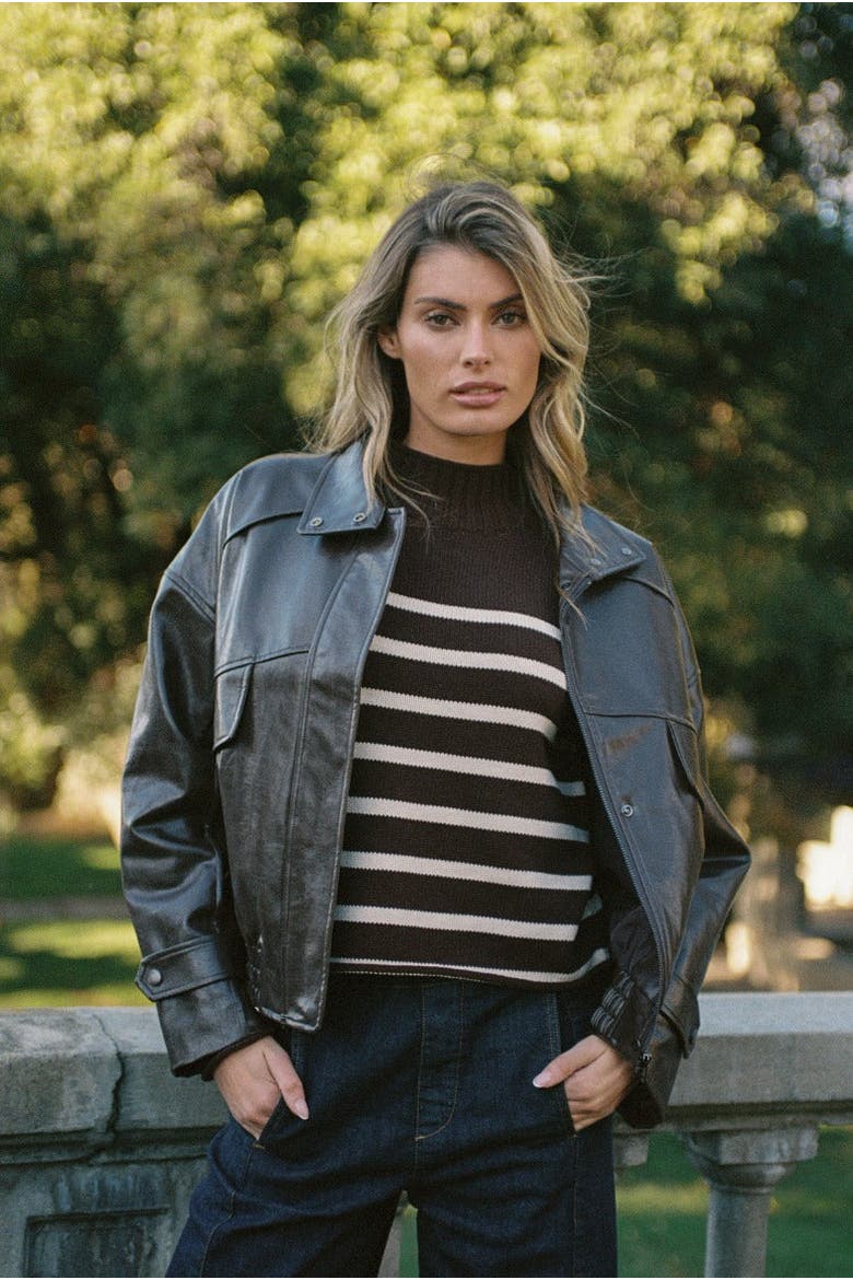 Solana Long Sleeve Funnel Neck Roll Neck Stripe Sweater, Alternate, color, Chocolate Torte