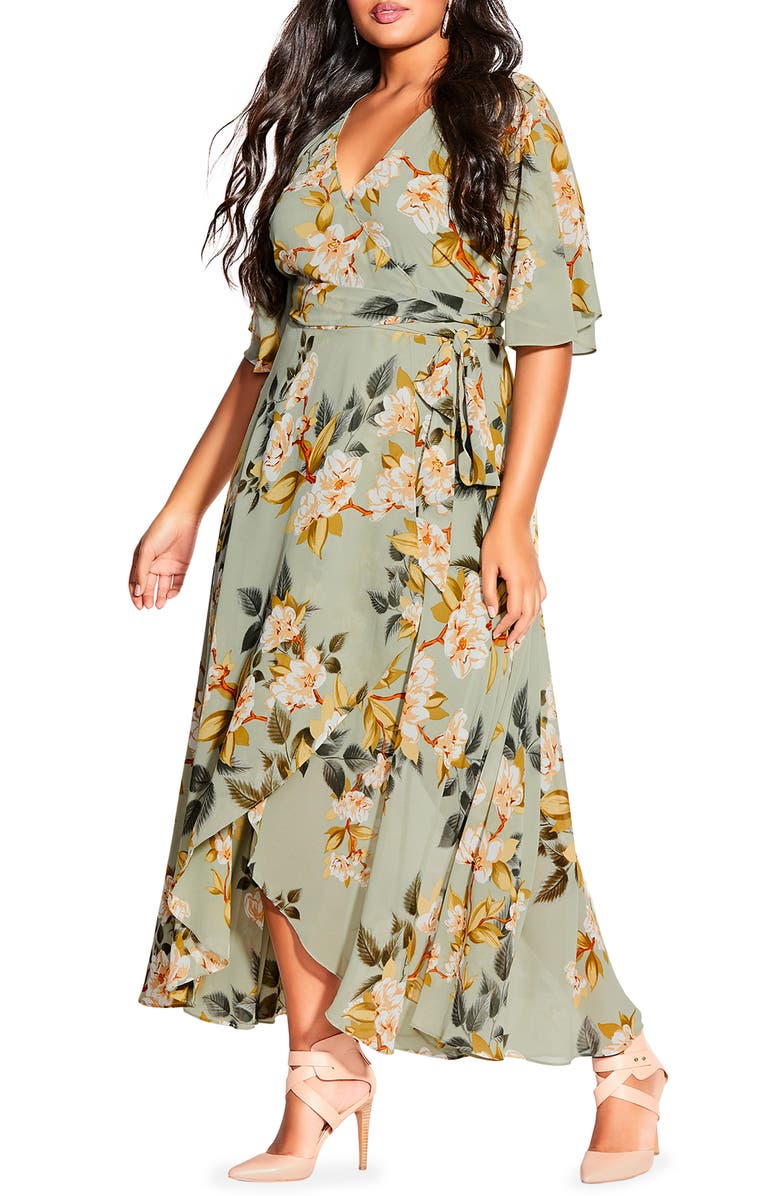 City Chic Magnolia Floral Print Tie Waist Maxi Dress, Main, color, Magnolia Floral