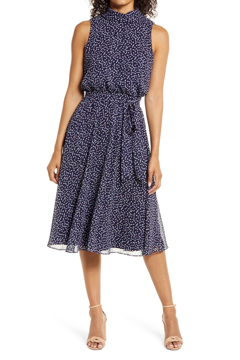 Confetti Print Blouson Midi Dress, Main, color, NAVY