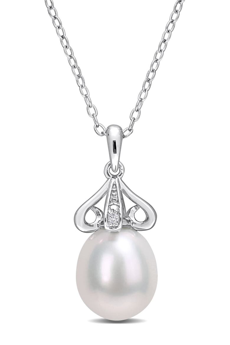 Diamond & 8.5-9mm Freshwater Pearl Pendant Necklace, Main, color, WHITE